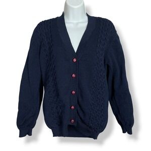 Nordstrom Cardigan Sweater Women Petite Small Navy Blue Merino Wool Cable Knit